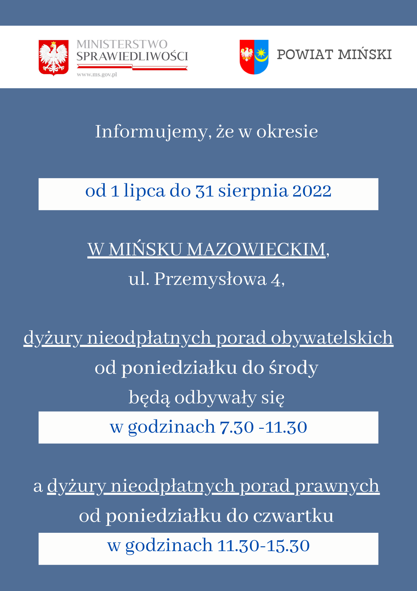Obrazek jest banerem prowadzącym do pliku pdf z informacją o godzinach pracy punktu w Mińsku Mazowieckim