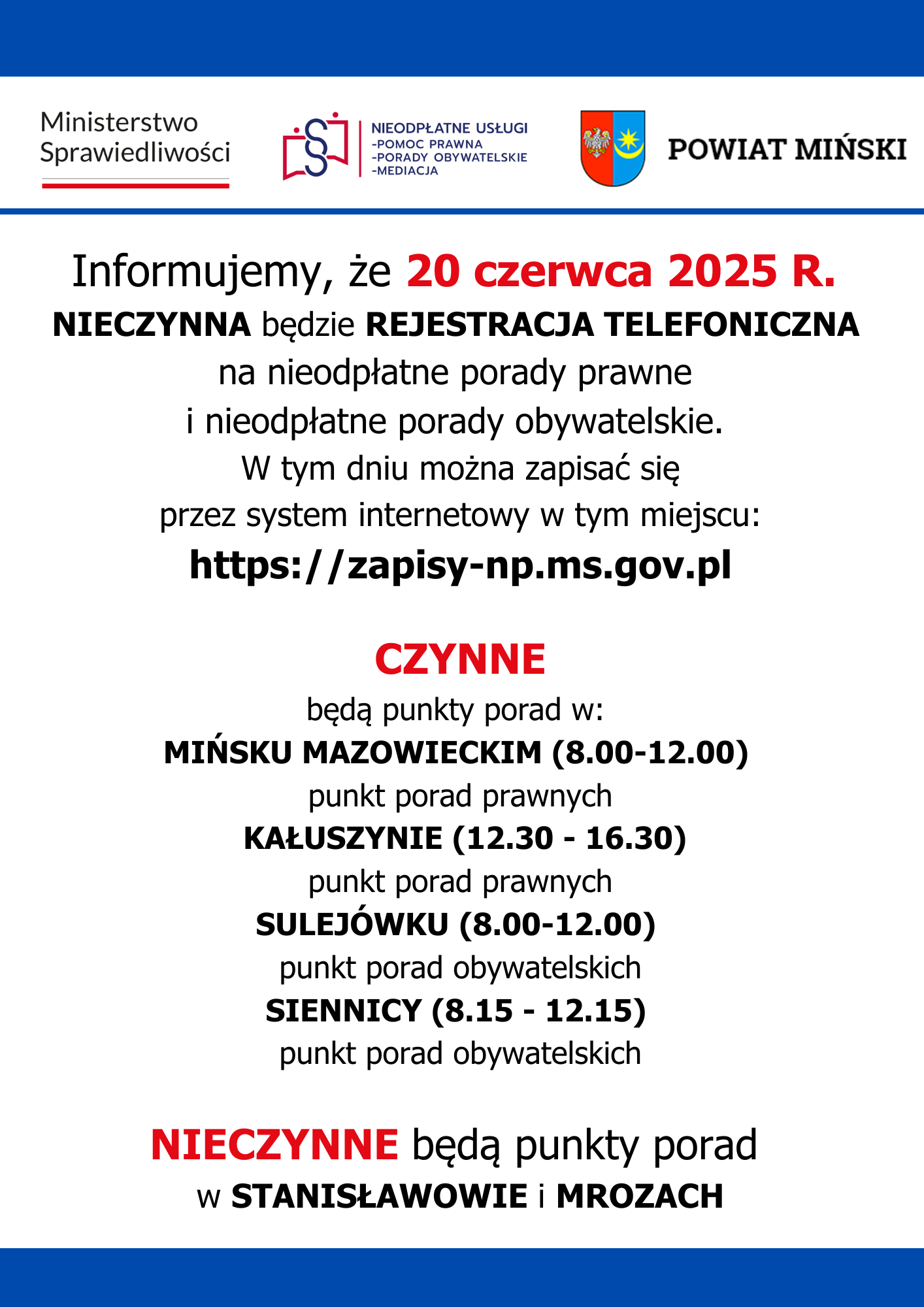 baner z informacją o pracy punktów w dniu 20 czerwca 2025 r.
